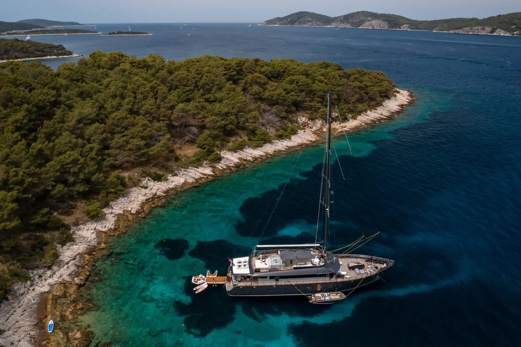 S/Y Rara Avis at anchor in a secluded Adriatic bay