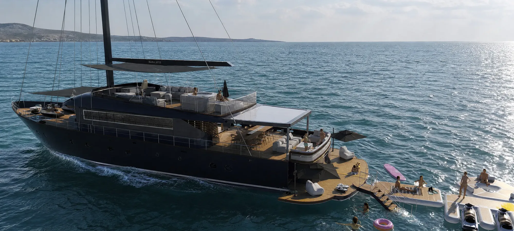 Design render of Rara Avis 2.0 at anchor with the 32 m² hydraulic stern platform lowered and floating platforms deployed