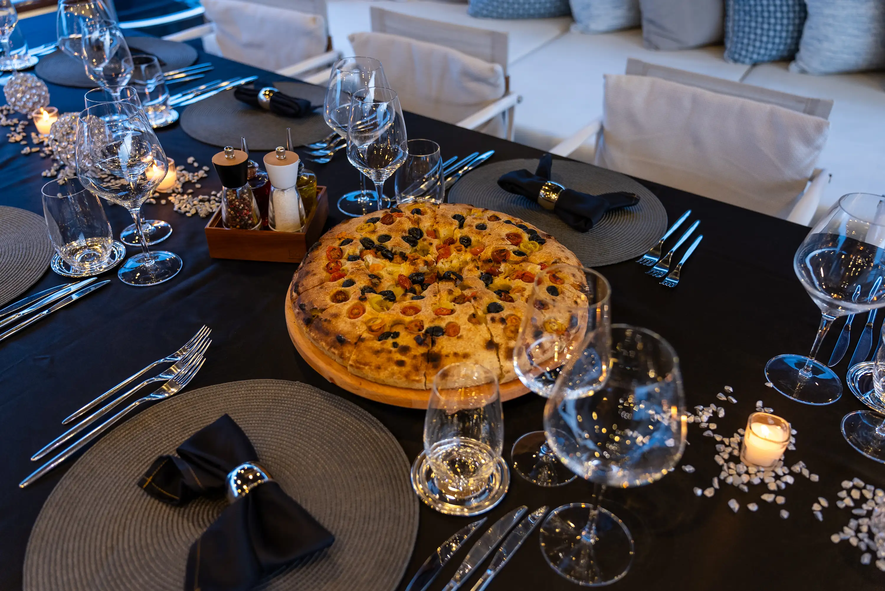 Dinner table setting at sunset