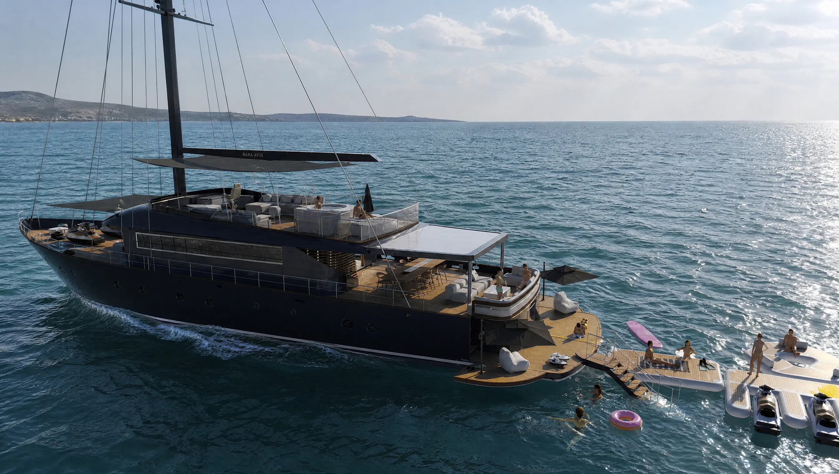 Design render of Rara Avis 2.0 at anchor: the extended stern with the hydraulic platform lowered to the water and floating platforms alongside