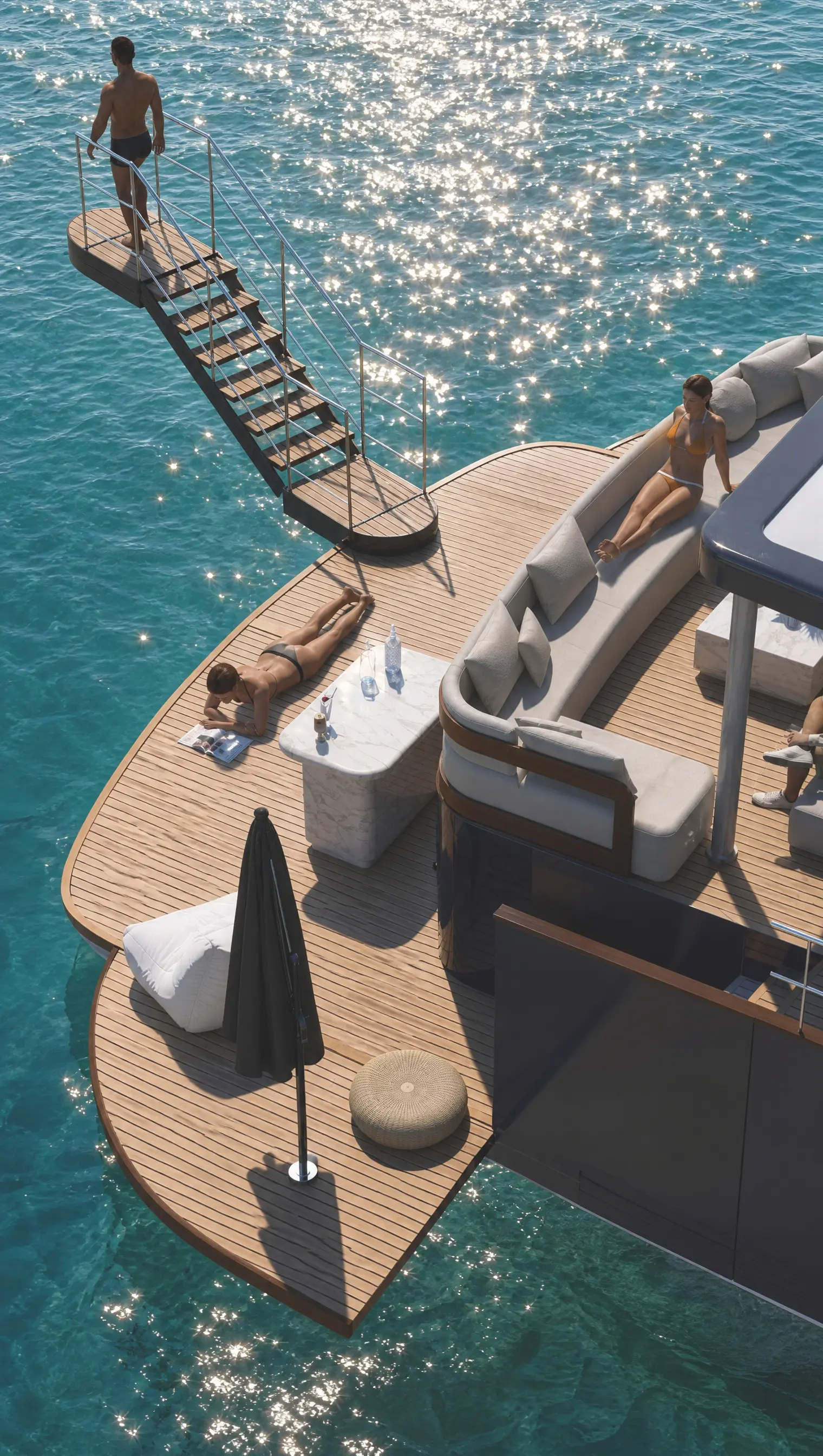 Design render: both wings of the 32 m² stern platform folded down hydraulically to sea level, with the gangway lowered into the water