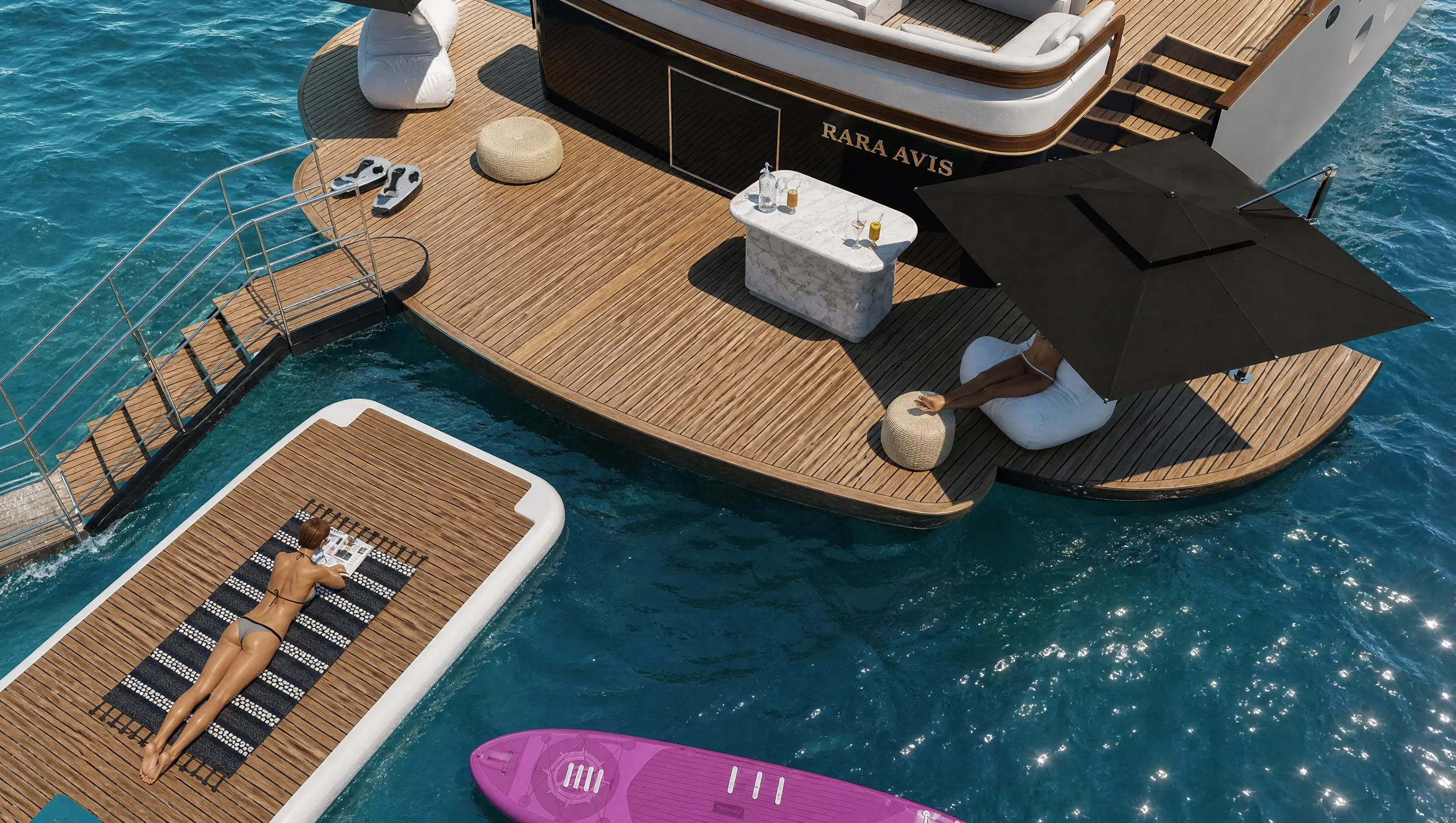 Design render of the stern platform at sea level with steps into the water and a YACHTBEACH floating mat alongside