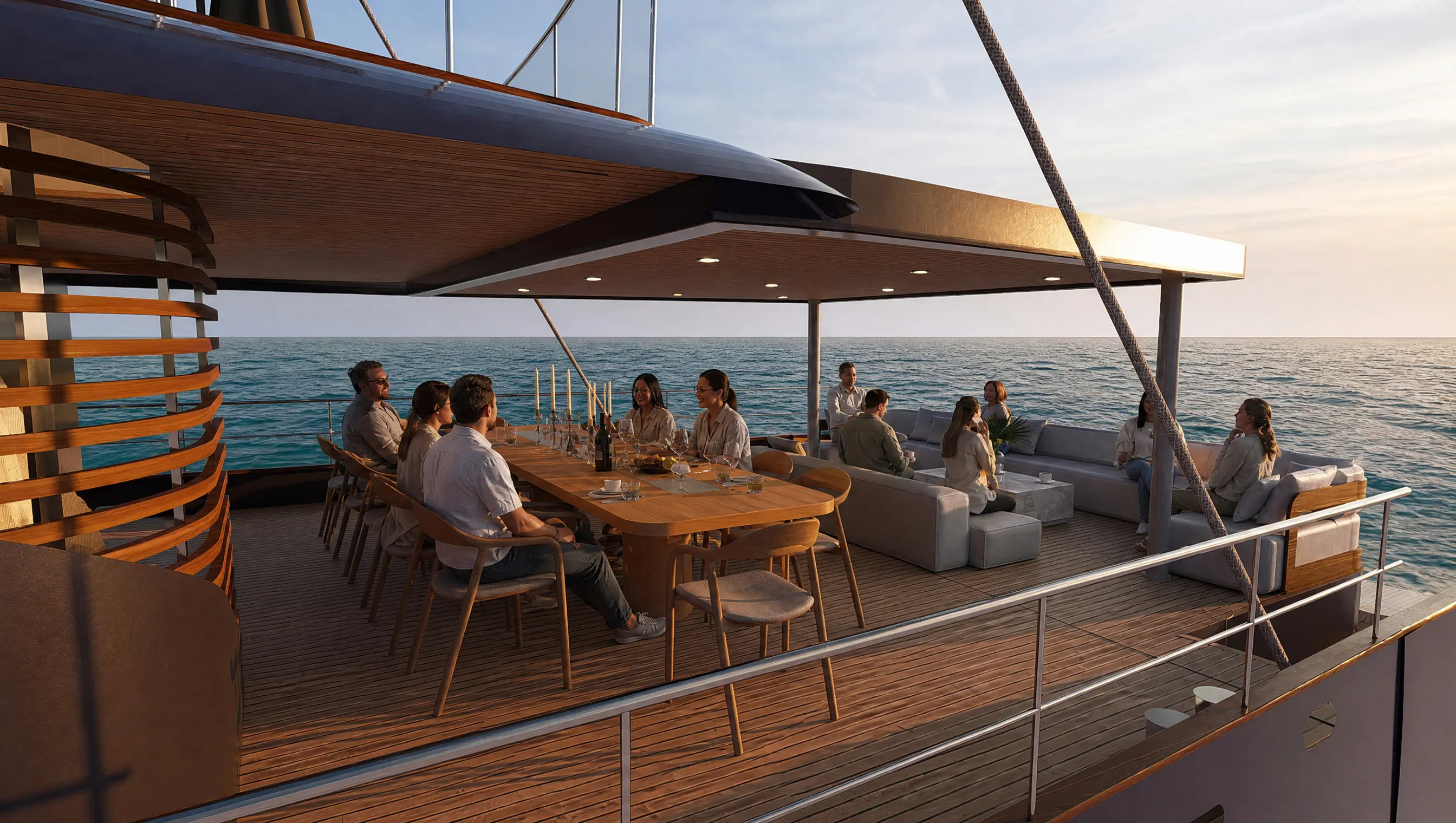 Design render of the lengthened aft deck: dining table for twelve and a separate lounge under the deck roof