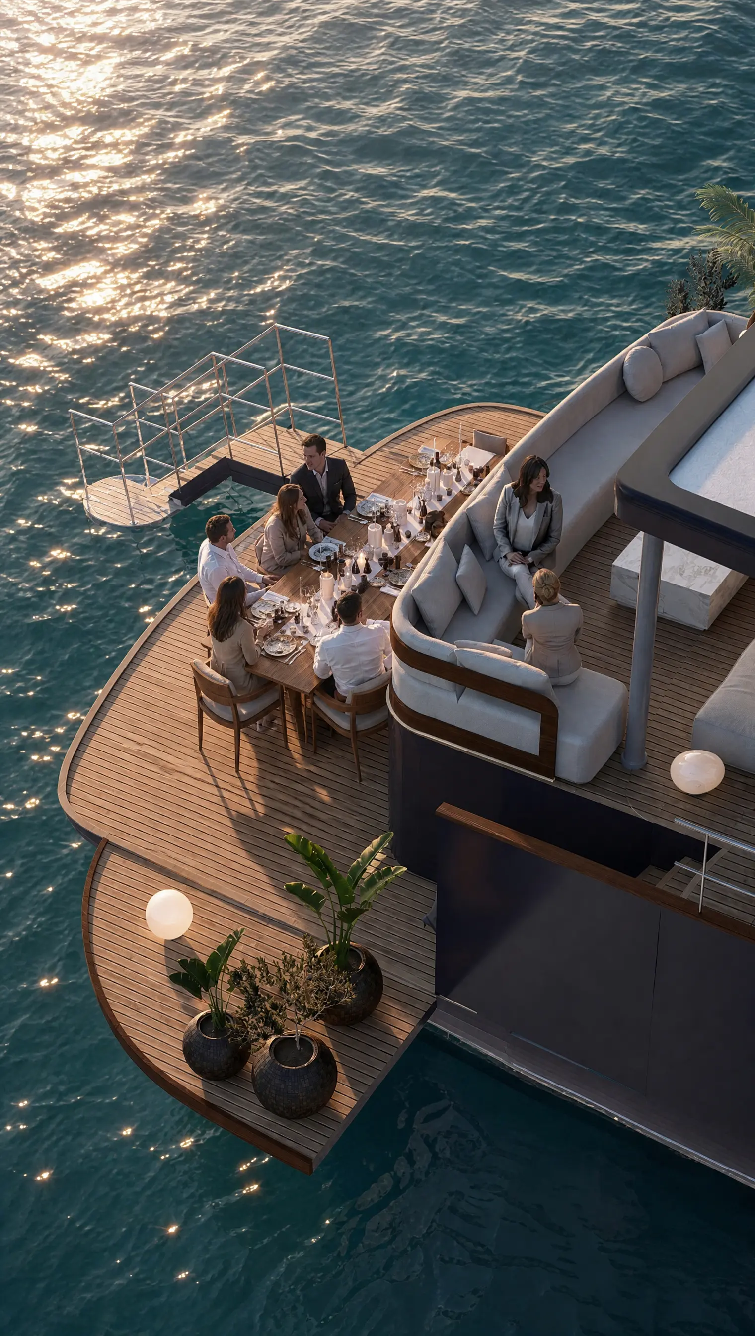 Design render of dinner on the stern platform at golden hour
