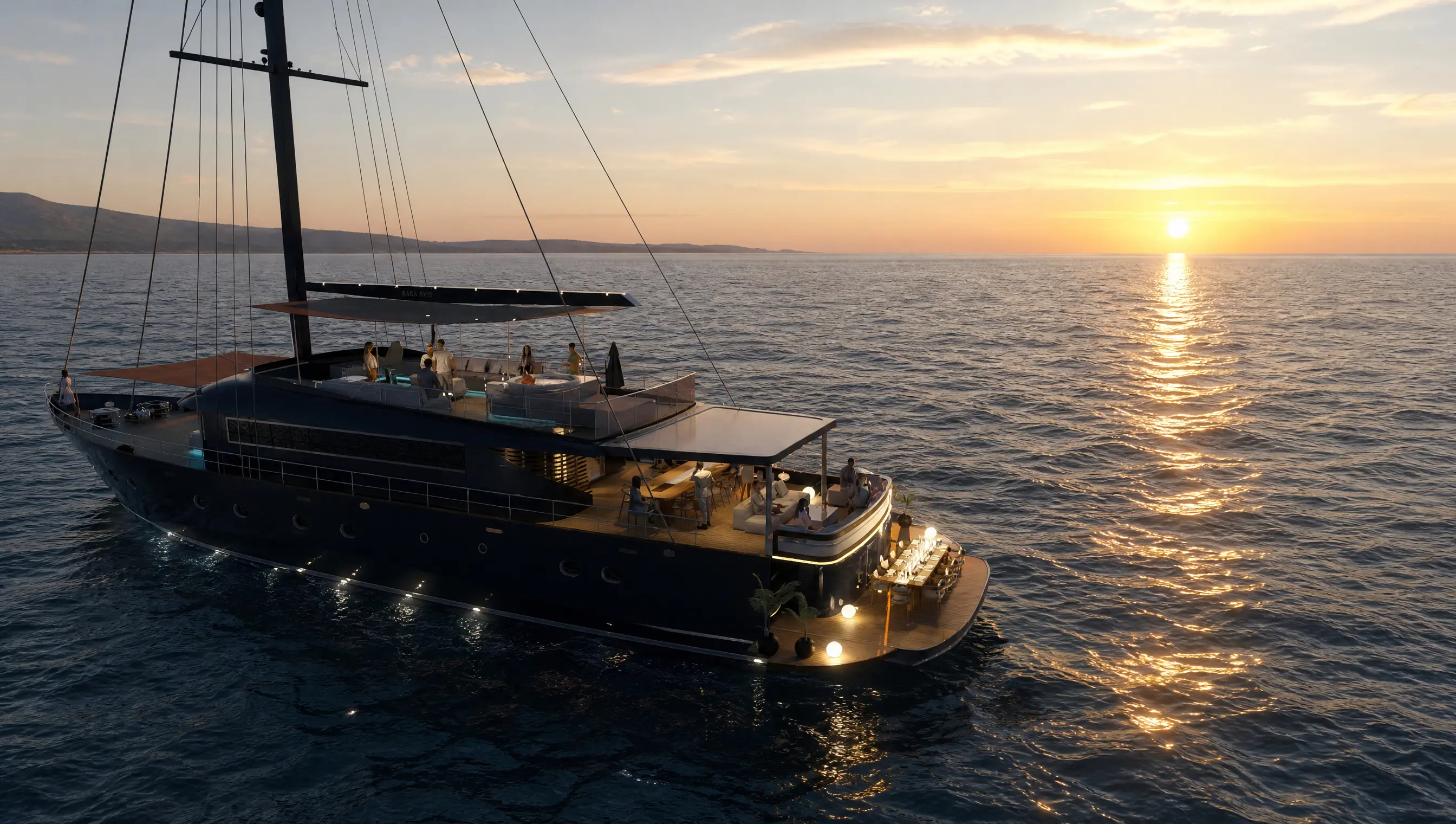 Design render of Rara Avis 2.0 at sunset with deck lighting and underwater lights