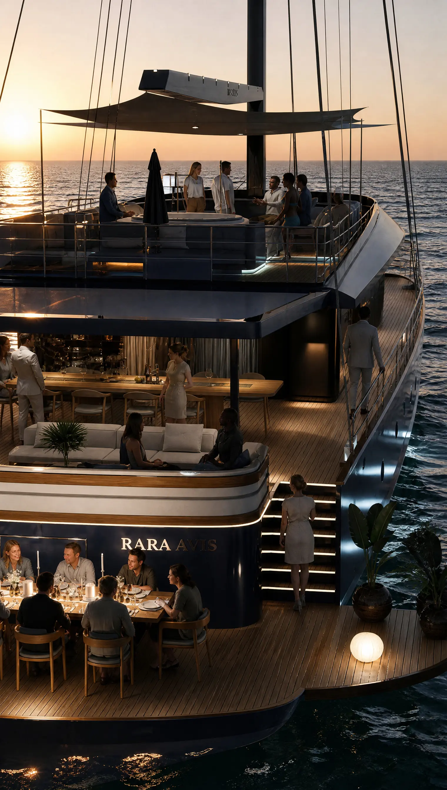 Evening design render showing the sundeck Jacuzzi, aft deck salon and stern terrace