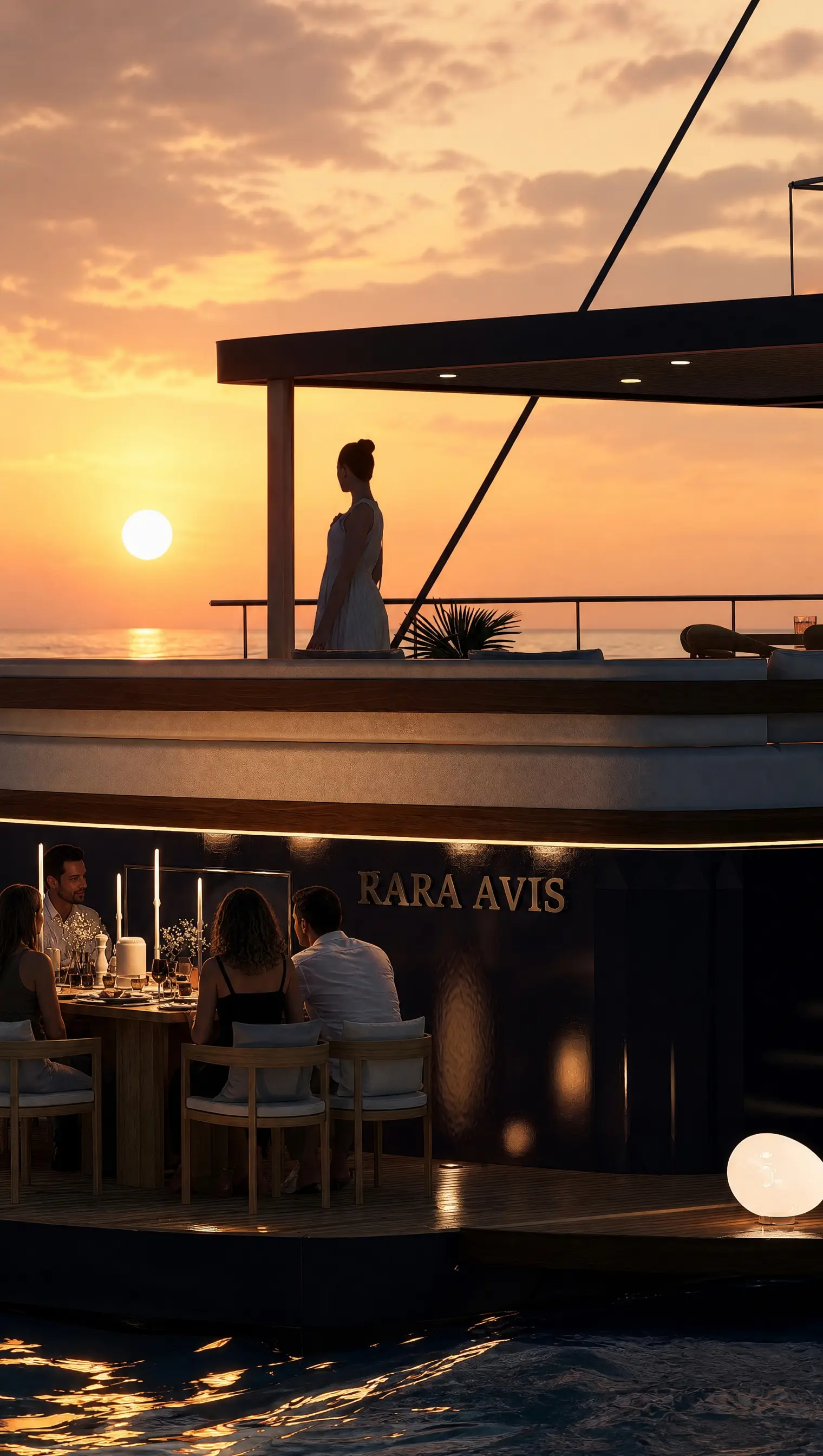 Sunset dinner on the stern, one step above the water
