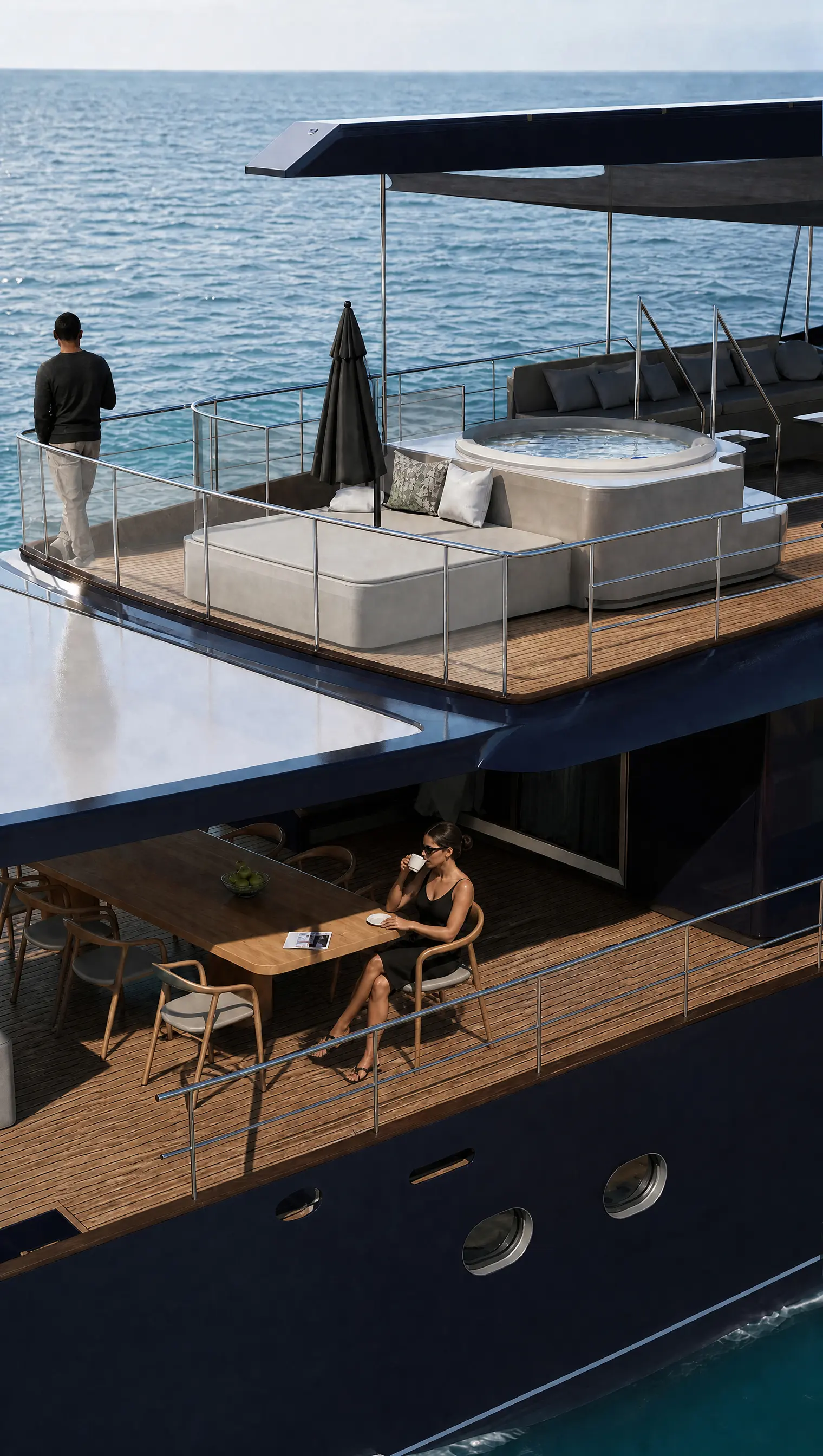 Sundeck Jacuzzi above the shaded aft deck dining