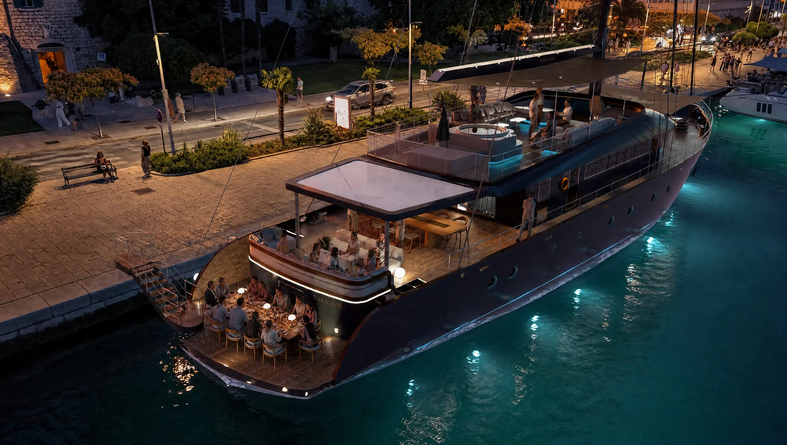 Design render of Rara Avis 2.0 moored stern-to on a town quay at night