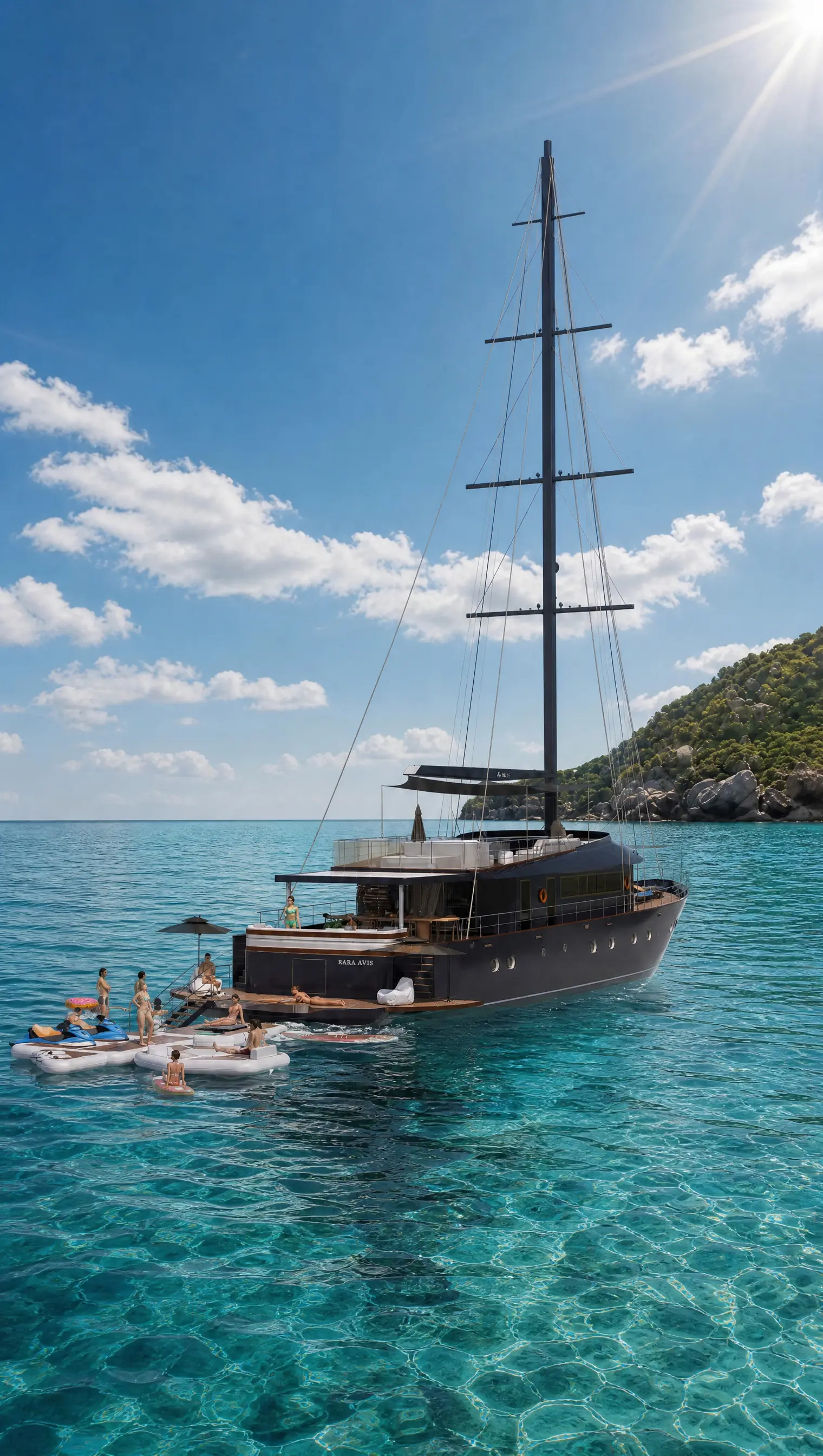 At anchor in a turquoise bay with the water toys deployed