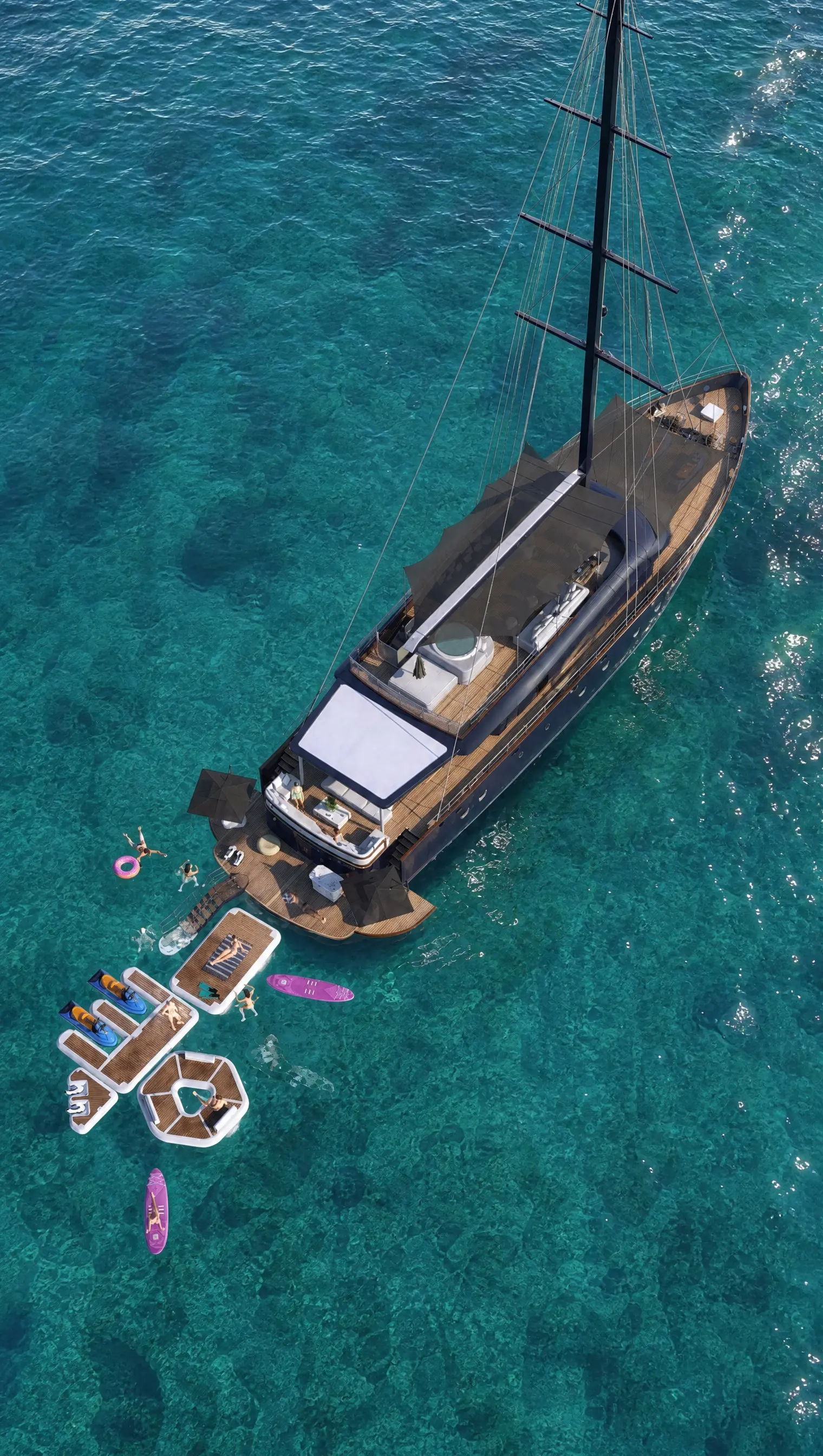 Top-down view of the 37-metre hull at anchor