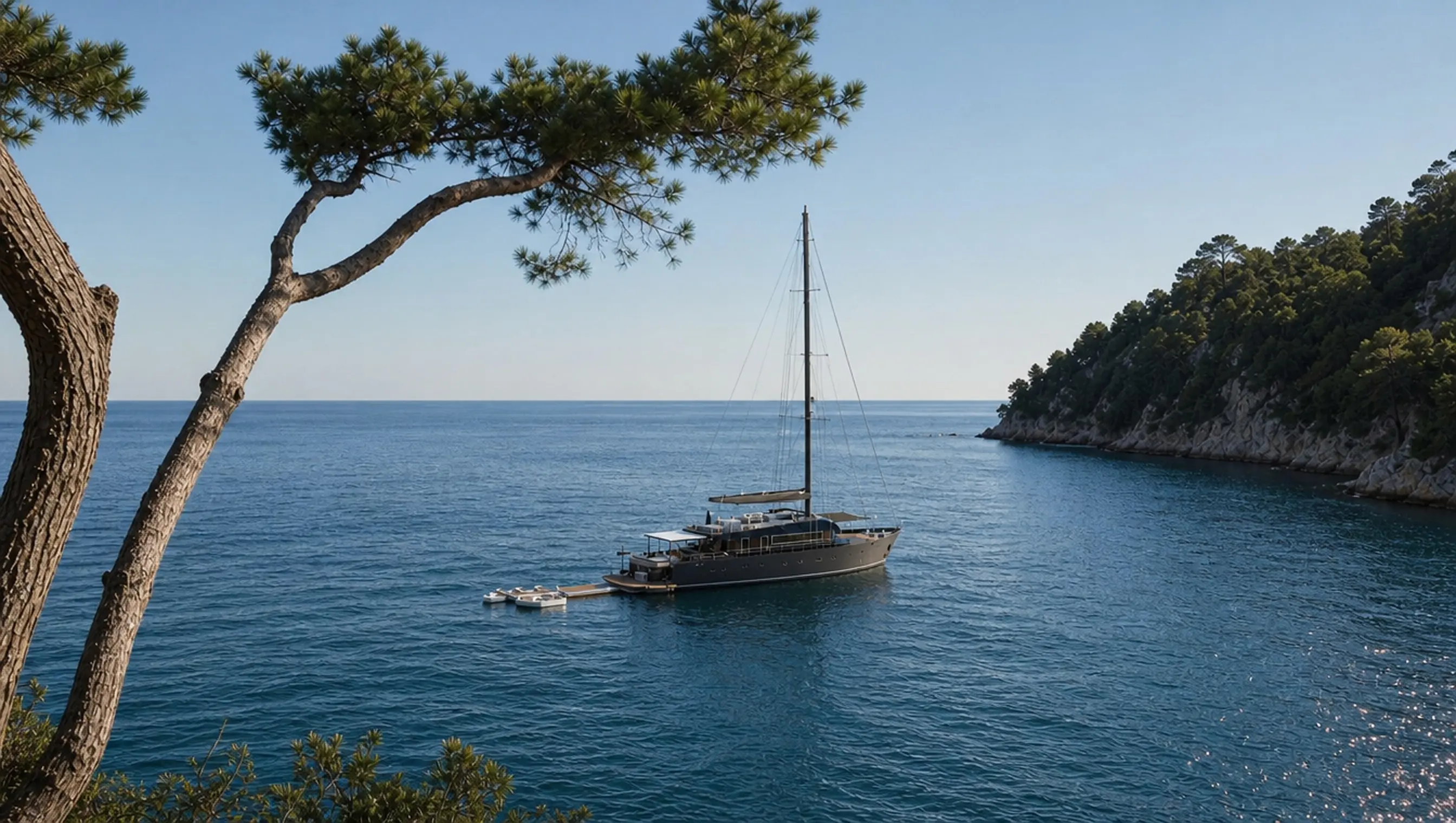Anchored in a pine-fringed cove, tender alongside
