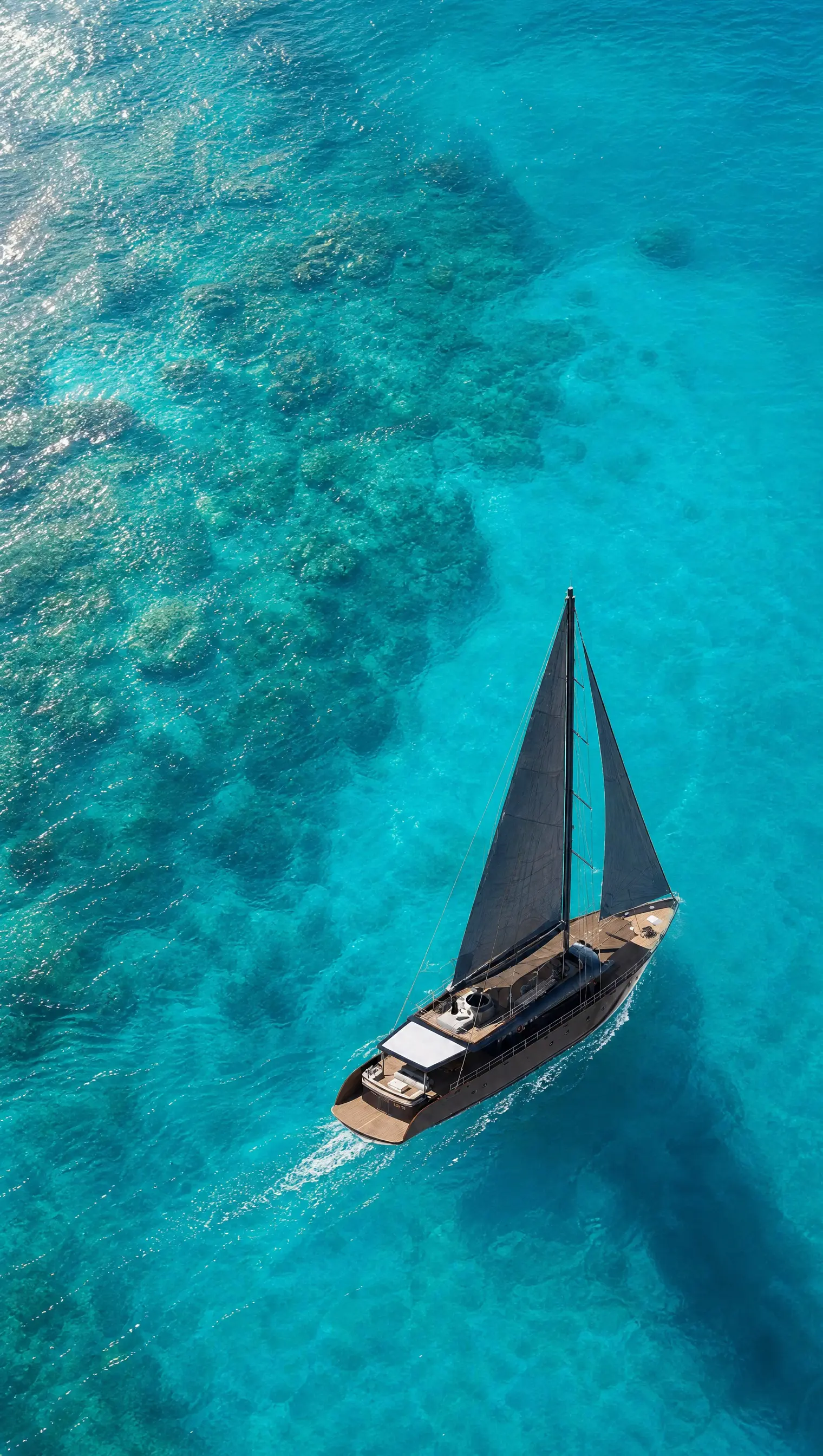 Aerial view under sail over shallow turquoise water